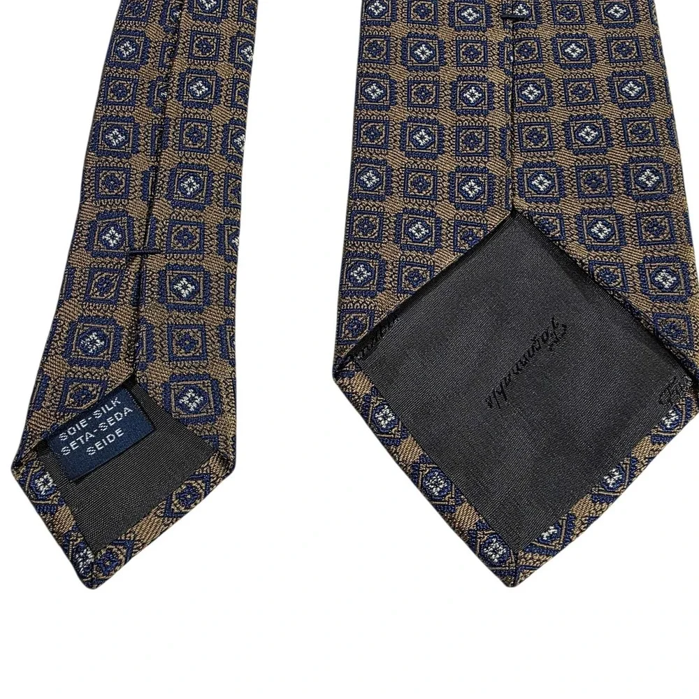 Faconnable Silk Mens Geometric Pattern Necktie‎ Brown Blue Luxury Designer